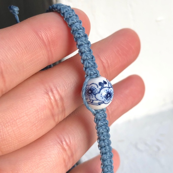 Plum Blossom Porcelain Bead (Dusty Blue) Bracelet - Picture 4 of 5